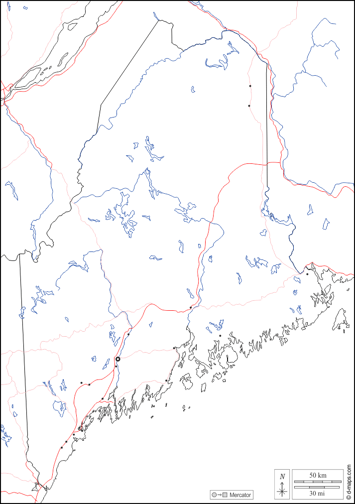 Maine : d-maps.com: mappa gratuita, mappa muta gratuita, cartina muta gratuita : frontiere, idrografia, principali città, strade, bianco