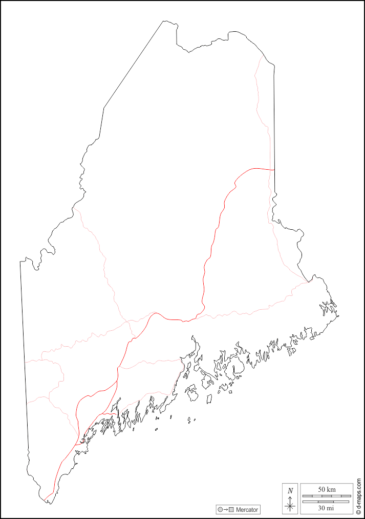 Maine : d-maps.com: mappa gratuita, mappa muta gratuita, cartina muta gratuita : contorni, strade, bianco