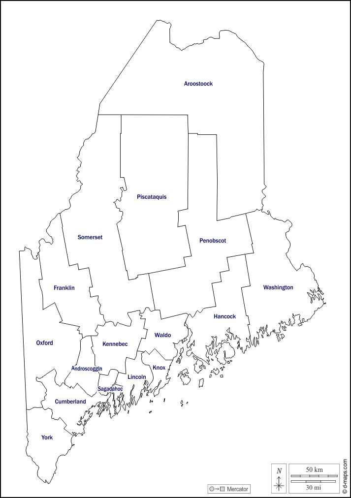Maine : d-maps.com: mappa gratuita, mappa muta gratuita, cartina muta gratuita : contorni, contee, nomi, bianco