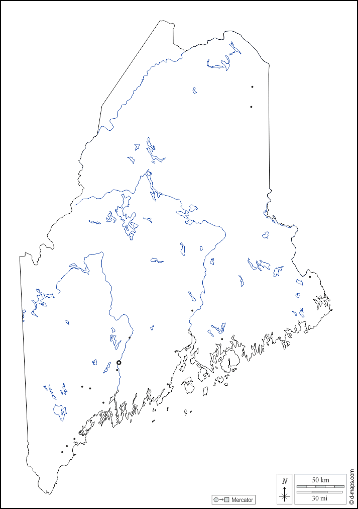 Maine : d-maps.com: mappa gratuita, mappa muta gratuita, cartina muta gratuita : contorni, idrografia, principali città, bianco