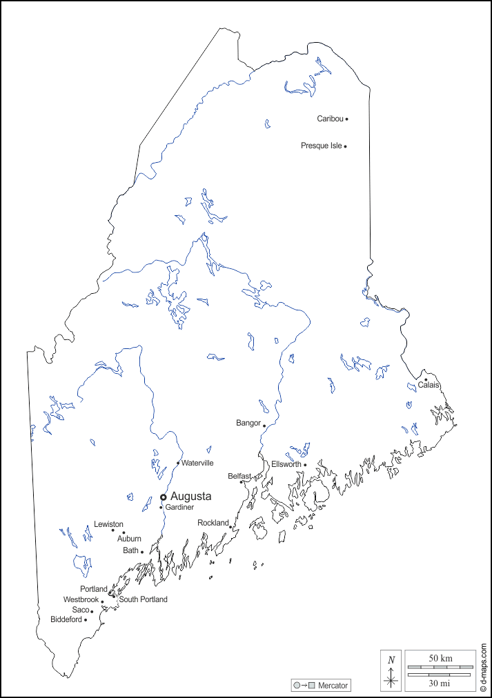 Maine : d-maps.com: mappa gratuita, mappa muta gratuita, cartina muta gratuita : contorni, idrografia, principali città, nomi, bianco
