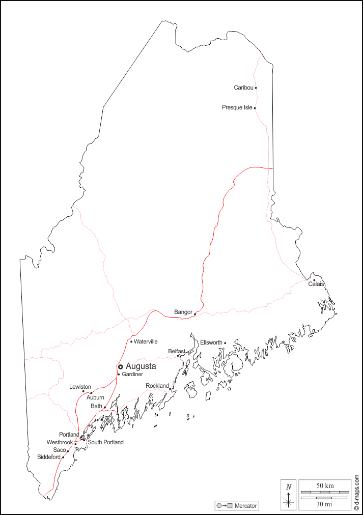 Maine : d-maps.com: mapa gratuito, mapa mudo gratuito, mapa en blanco gratuito, plantilla de mapa : contornos, principales ciudades, carreteras, nombres, blanco