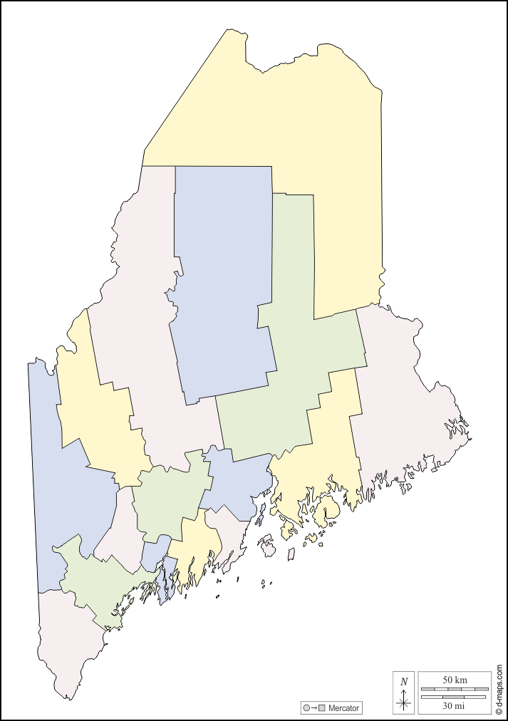 Maine : d-maps.com: mappa gratuita, mappa muta gratuita, cartina muta gratuita : contorni, contee, colore, bianco