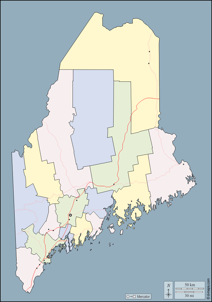 Maine : d-maps.com: mappa gratuita, mappa muta gratuita, cartina muta gratuita : contorni, contee, principali città, strade, colore