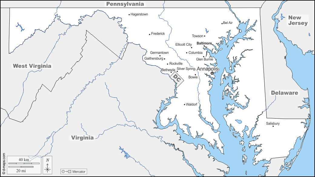 Maryland : d-maps.com: mappa gratuita, mappa muta gratuita, cartina muta gratuita : frontiere, idrografia, principali città, nomi