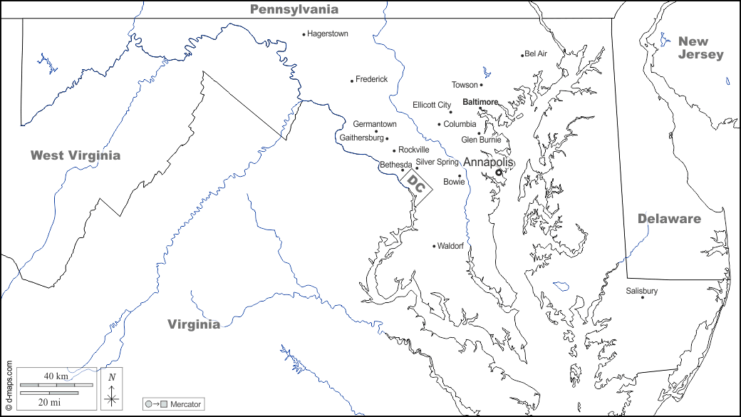 Maryland : d-maps.com: mappa gratuita, mappa muta gratuita, cartina muta gratuita : frontiere, idrografia, principali città, nomi, bianco