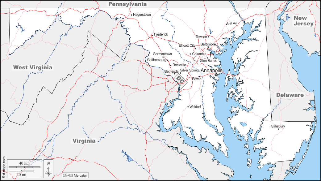 Maryland : d-maps.com: mappa gratuita, mappa muta gratuita, cartina muta gratuita : frontiere, idrografia, principali città, strade, nomi