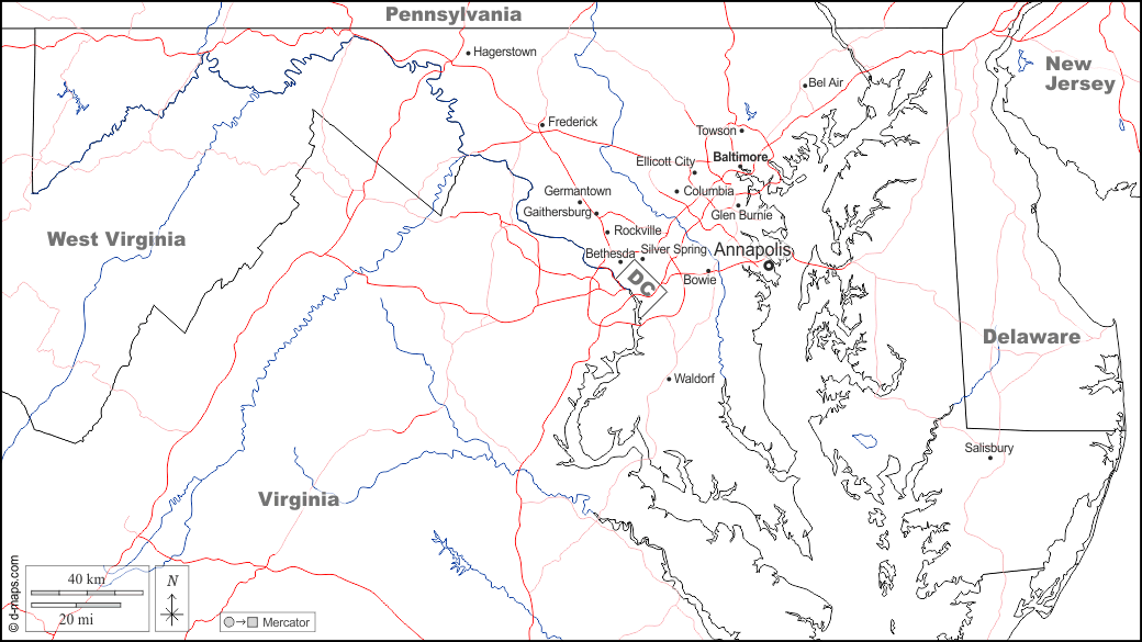 Maryland : d-maps.com: mappa gratuita, mappa muta gratuita, cartina muta gratuita : frontiere, idrografia, principali città, strade, nomi, bianco