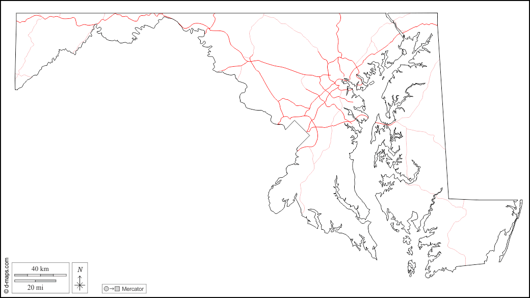 Maryland : d-maps.com: Kostenlose Karten, kostenlose stumme Karte, kostenlose unausgefüllt Landkarte, kostenlose hochauflösende Umrisskarte : Umrisse, Straßen, weiß