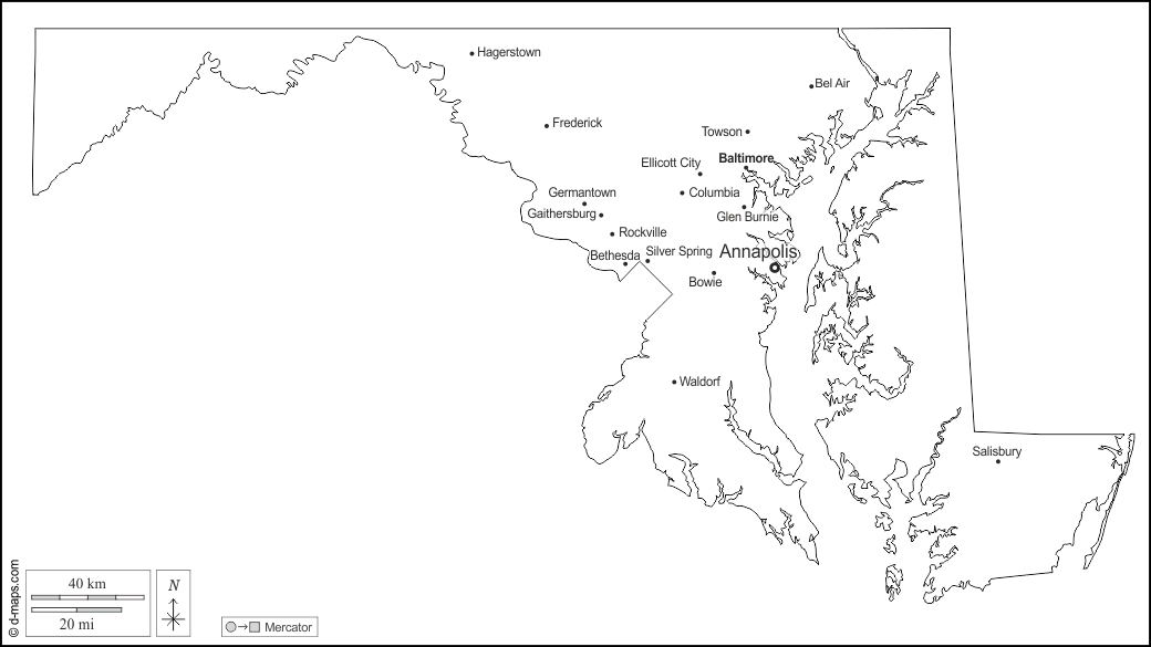 Maryland : d-maps.com: mappa gratuita, mappa muta gratuita, cartina muta gratuita : contorni, principali città, nomi, bianco