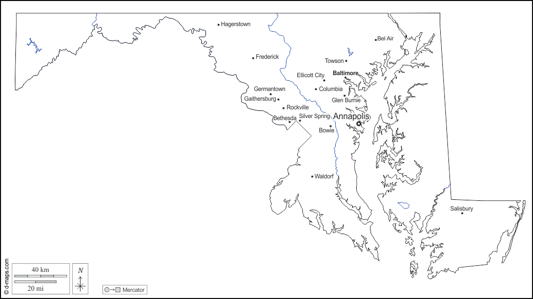Maryland : d-maps.com: mappa gratuita, mappa muta gratuita, cartina muta gratuita : contorni, idrografia, principali città, nomi, bianco