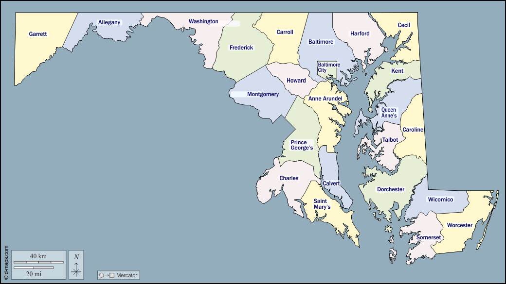Maryland : d-maps.com: mappa gratuita, mappa muta gratuita, cartina muta gratuita : contorni, contee, nomi, colore