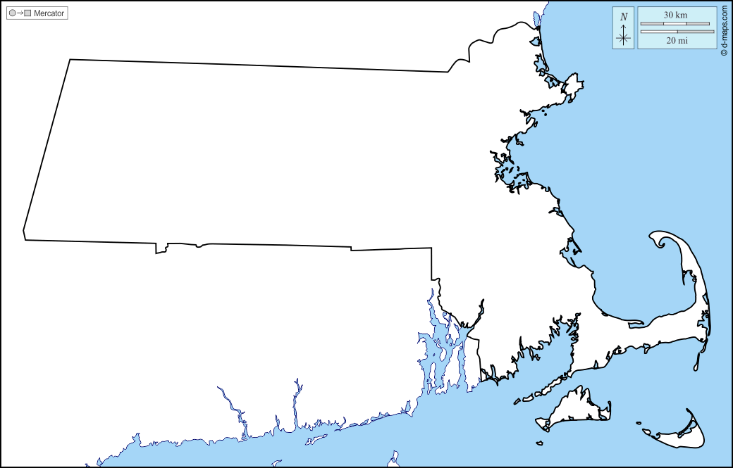 Massachusetts : d-maps.com: mappa gratuita, mappa muta gratuita, cartina muta gratuita : litorali, limiti