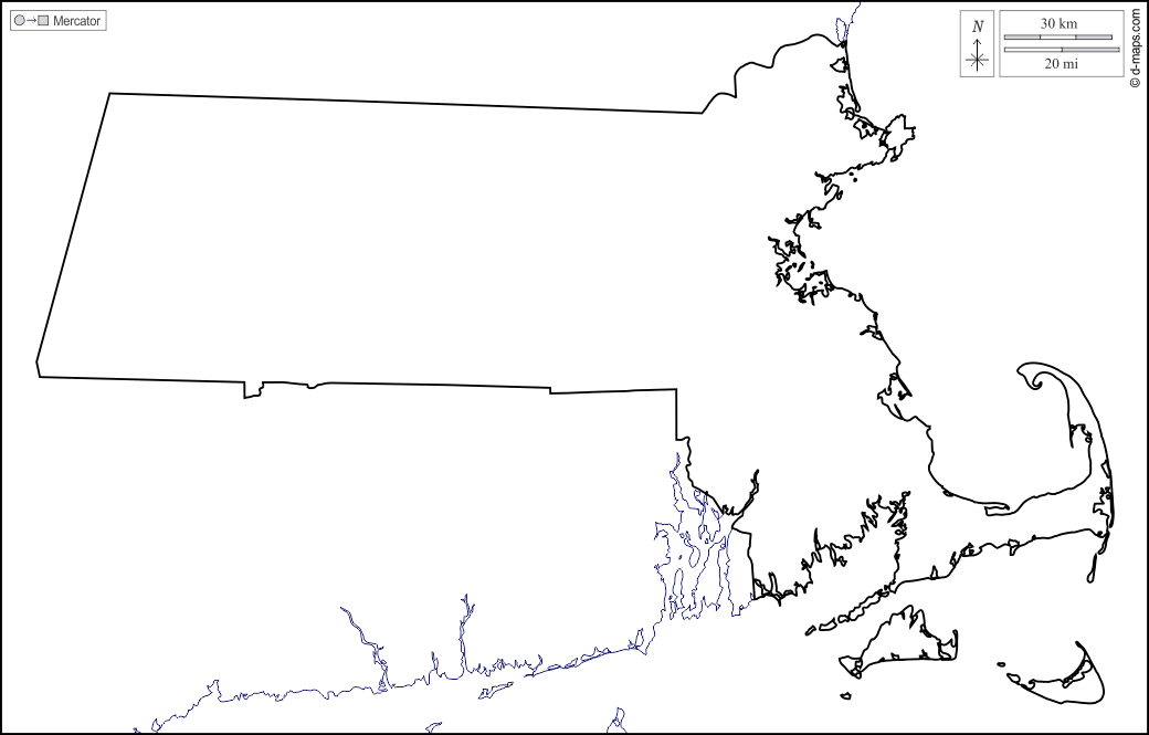 Massachusetts : d-maps.com: mappa gratuita, mappa muta gratuita, cartina muta gratuita : litorali, limiti, bianco