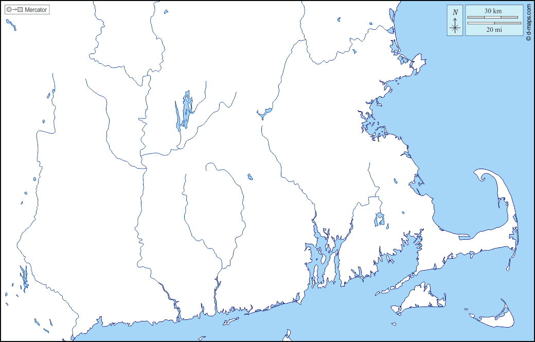 Massachusetts : d-maps.com: mappa gratuita, mappa muta gratuita, cartina muta gratuita : litorali, idrografia