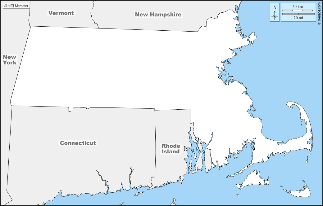 Massachusetts : d-maps.com: mappa gratuita, mappa muta gratuita, cartina muta gratuita : frontiere, nomi