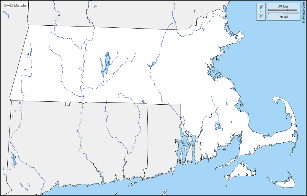 Massachusetts : d-maps.com: mappa gratuita, mappa muta gratuita, cartina muta gratuita : frontiere, idrografia