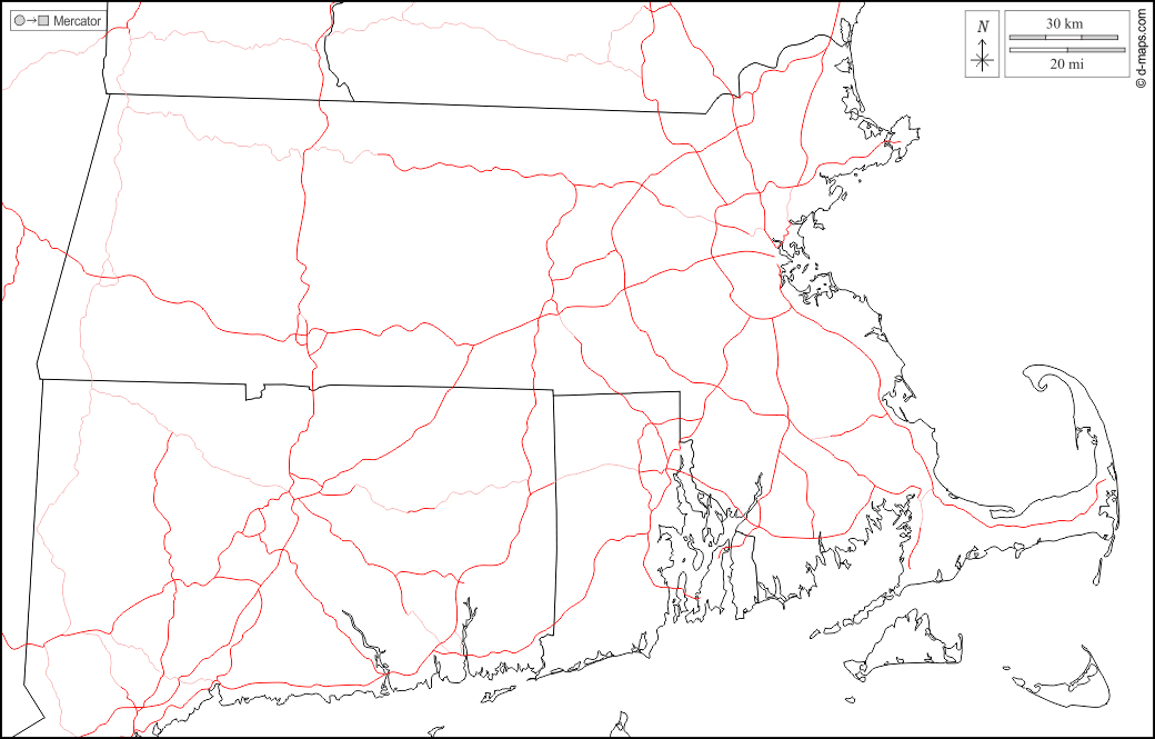 Massachusetts : d-maps.com: mappa gratuita, mappa muta gratuita, cartina muta gratuita : frontiere, autostrade, bianco