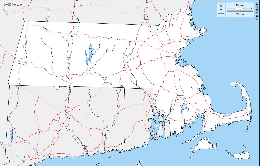 Massachusetts : d-maps.com: mappa gratuita, mappa muta gratuita, cartina muta gratuita : frontiere, idrografia, strade