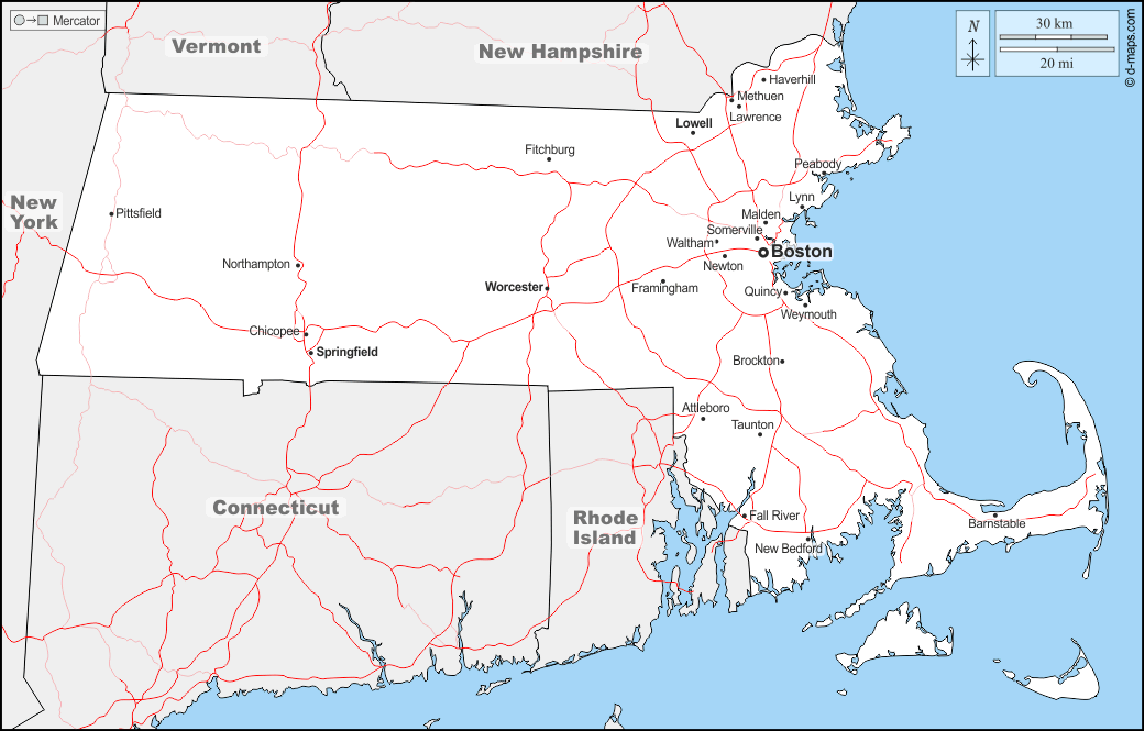 Massachusetts : d-maps.com: mappa gratuita, mappa muta gratuita, cartina muta gratuita : frontiere, principali città, strade, nomi