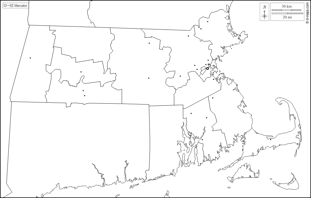 Massachusetts : d-maps.com: mappa gratuita, mappa muta gratuita, cartina muta gratuita : frontiere, contee, principali città, bianco