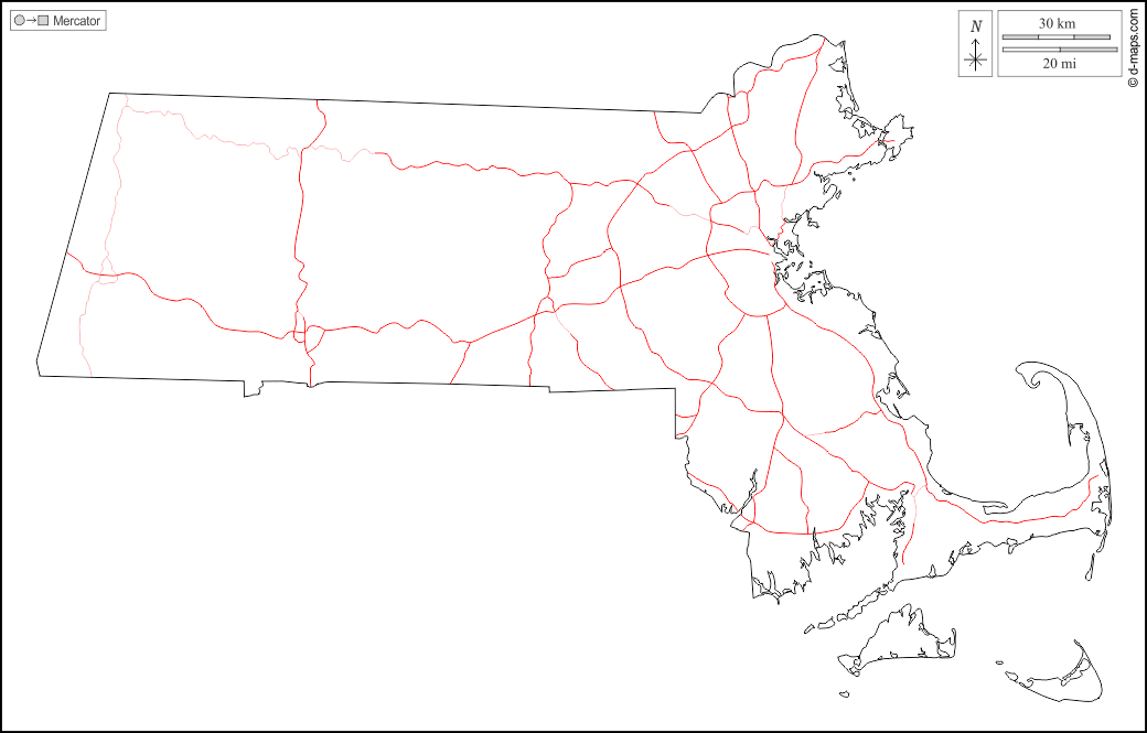 Massachusetts : d-maps.com: mappa gratuita, mappa muta gratuita, cartina muta gratuita : contorni, strade, bianco