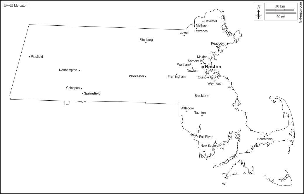 Massachusetts : d-maps.com: mappa gratuita, mappa muta gratuita, cartina muta gratuita : contorni, principali città, nomi, bianco