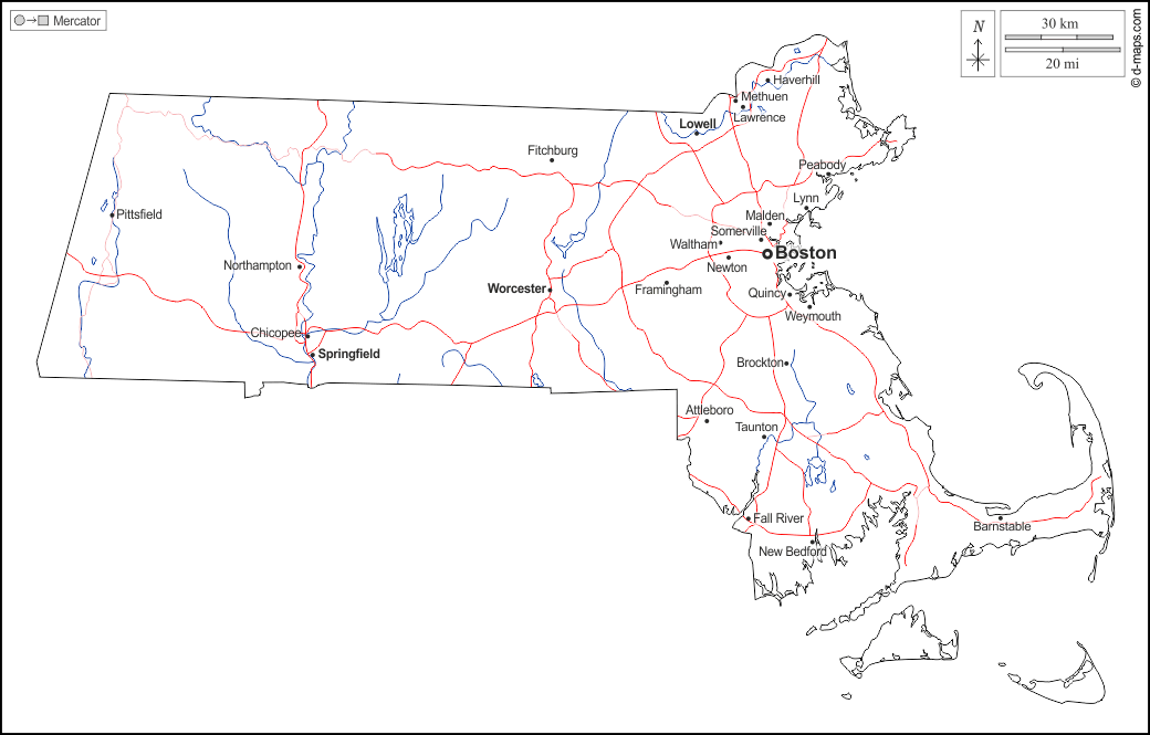 Massachusetts : d-maps.com: mappa gratuita, mappa muta gratuita, cartina muta gratuita : contorni, idrografia, principali città, strade, nomi, bianco