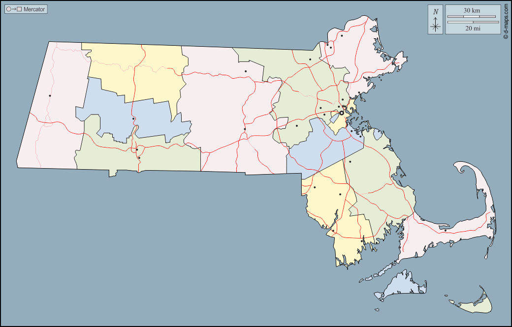 Massachusetts : d-maps.com: mappa gratuita, mappa muta gratuita, cartina muta gratuita : contorni, contee, principali città, strade, colore