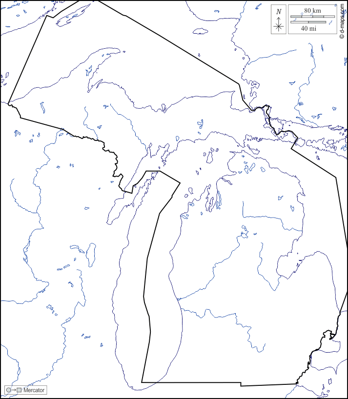 Michigan : d-maps.com: mappa gratuita, mappa muta gratuita, cartina muta gratuita : litorali, limiti, idrografia, bianco