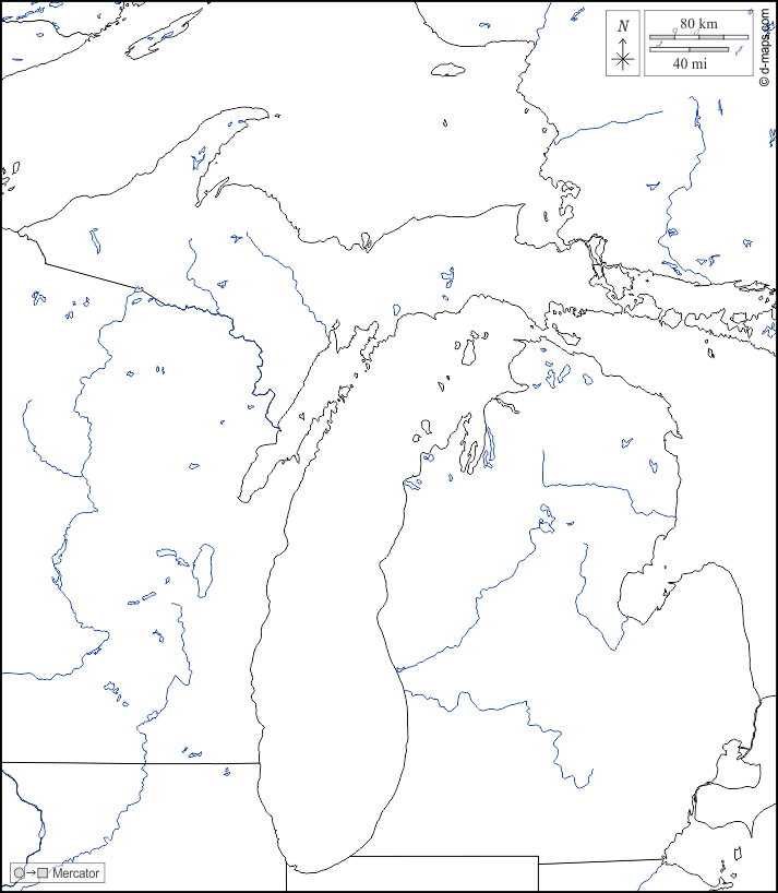 Michigan : d-maps.com: mappa gratuita, mappa muta gratuita, cartina muta gratuita : frontiere, idrografia, bianco