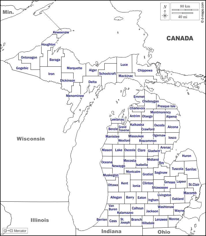 Michigan : d-maps.com: mappa gratuita, mappa muta gratuita, cartina muta gratuita : frontiere, contee, nomi, bianco