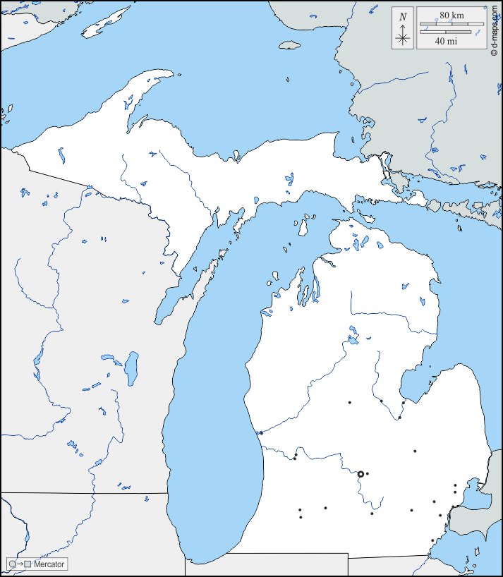 Michigan : d-maps.com: mappa gratuita, mappa muta gratuita, cartina muta gratuita : frontiere, idrografia, principali città