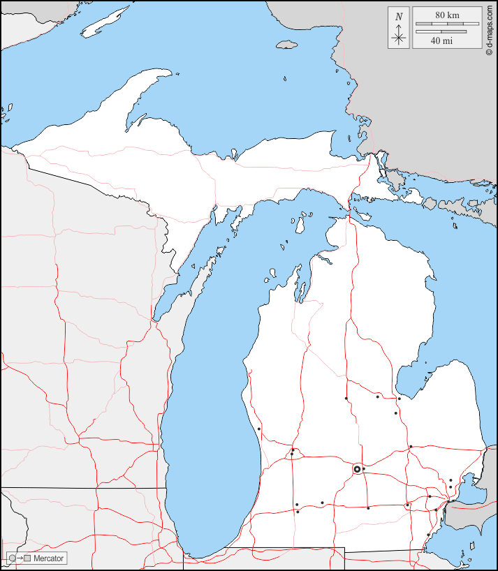 Michigan : d-maps.com: mappa gratuita, mappa muta gratuita, cartina muta gratuita : frontiere, principali città, strade