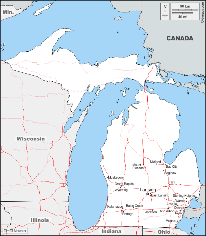Michigan : d-maps.com: mappa gratuita, mappa muta gratuita, cartina muta gratuita : frontiere, principali città, strade, nomi