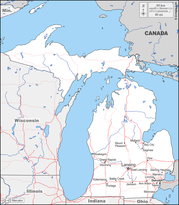 Michigan : d-maps.com: mappa gratuita, mappa muta gratuita, cartina muta gratuita : frontiere, idrografia, principali città, strade, nomi