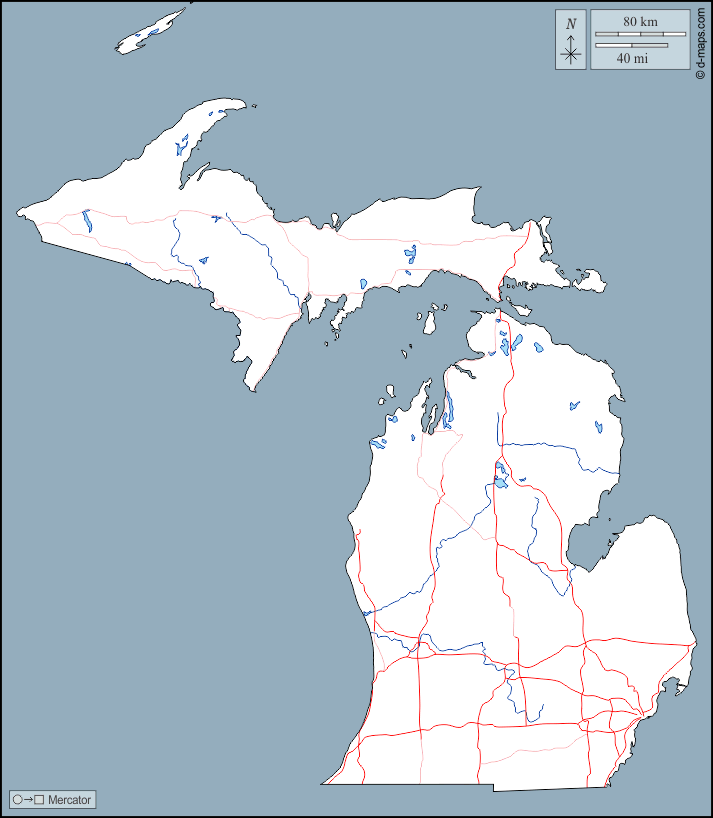 Michigan : d-maps.com: mappa gratuita, mappa muta gratuita, cartina muta gratuita : contorni, idrografia, strade