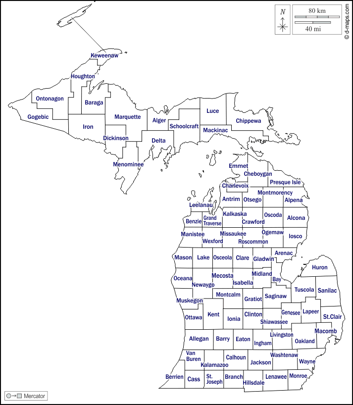 Michigan : d-maps.com: mappa gratuita, mappa muta gratuita, cartina muta gratuita : contorni, contee, nomi, bianco