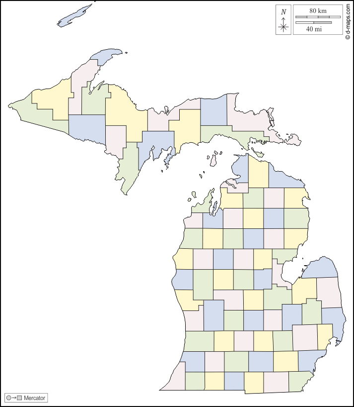 Michigan : d-maps.com: Kostenlose Karten, kostenlose stumme Karte, kostenlose unausgefüllt Landkarte, kostenlose hochauflösende Umrisskarte : Umrisse, Landkreise, Farbe, weiß