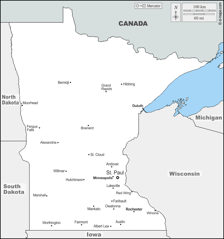 Minnesota : d-maps.com: mappa gratuita, mappa muta gratuita, cartina muta gratuita : frontiere, principali città, nomi