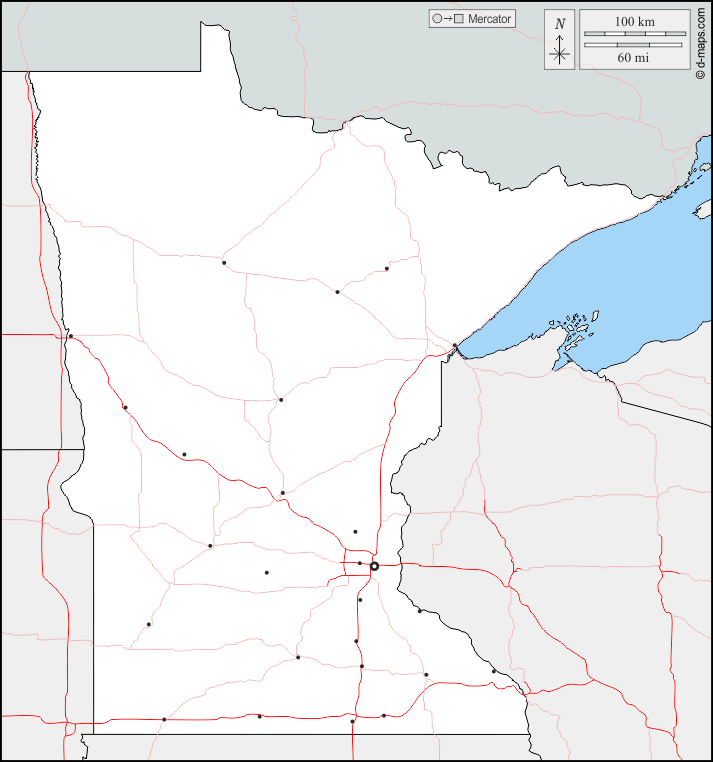 Minnesota : d-maps.com: mappa gratuita, mappa muta gratuita, cartina muta gratuita : frontiere, principali città, strade