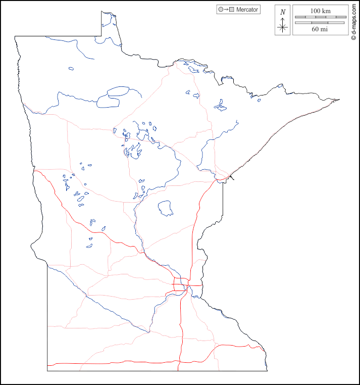Minnesota : d-maps.com: Kostenlose Karten, kostenlose stumme Karte, kostenlose unausgefüllt Landkarte, kostenlose hochauflösende Umrisskarte : Umrisse, Hydrografie, Straßen, weiß
