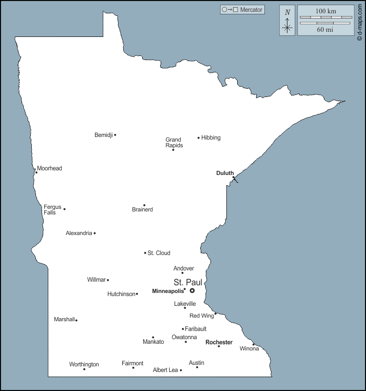 Minnesota : d-maps.com: mappa gratuita, mappa muta gratuita, cartina muta gratuita : contorni, principali città, nomi