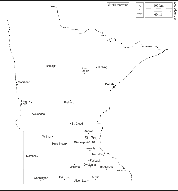 Minnesota : d-maps.com: mappa gratuita, mappa muta gratuita, cartina muta gratuita : contorni, principali città, nomi, bianco