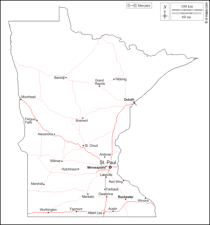 Minnesota : d-maps.com: mappa gratuita, mappa muta gratuita, cartina muta gratuita : contorni, principali città, strade, nomi, bianco