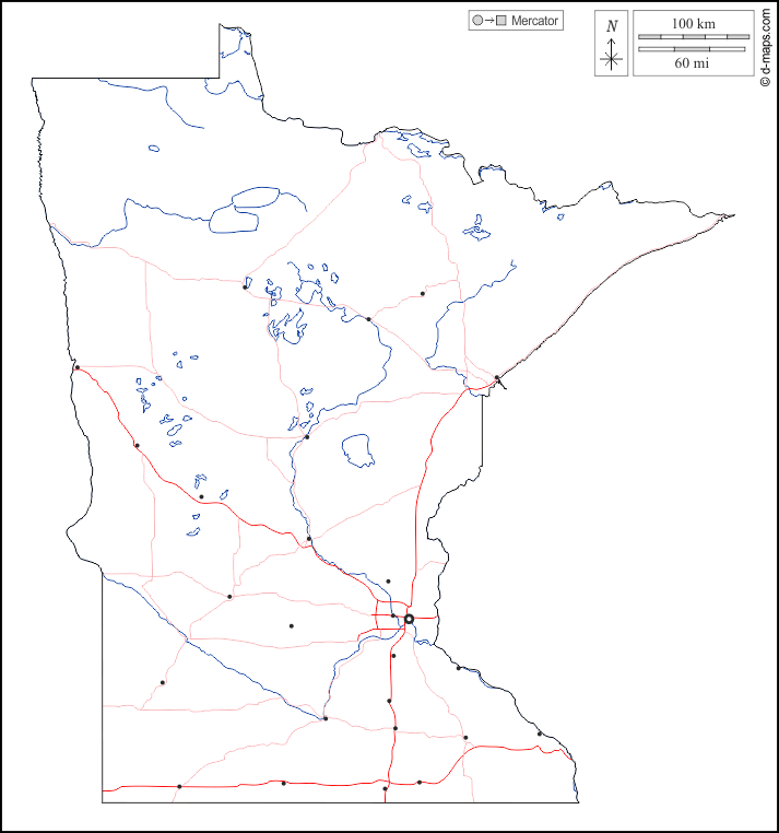 Minnesota : d-maps.com: mappa gratuita, mappa muta gratuita, cartina muta gratuita : contorni, idrografia, principali città, strade, bianco