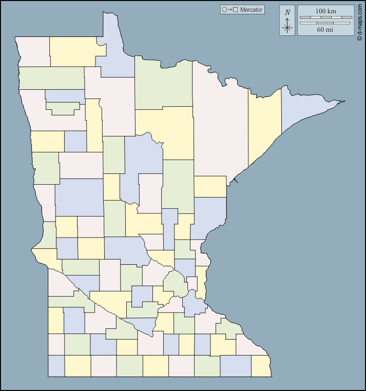 Minnesota : d-maps.com: mappa gratuita, mappa muta gratuita, cartina muta gratuita : contorni, contee, colore