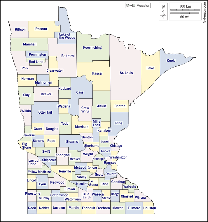 Minnesota : d-maps.com: mappa gratuita, mappa muta gratuita, cartina muta gratuita : contorni, contee, nomi, colore, bianco
