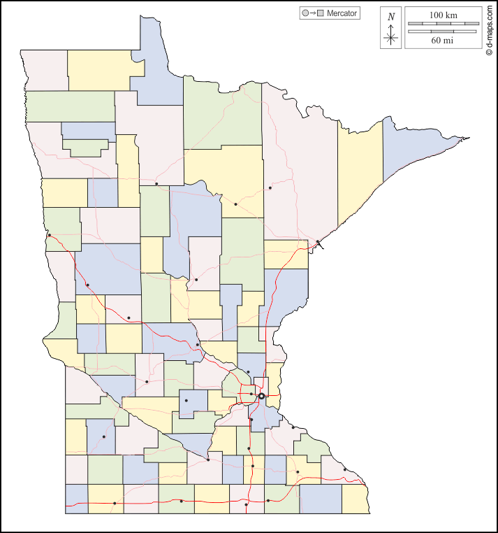 Minnesota : d-maps.com: mappa gratuita, mappa muta gratuita, cartina muta gratuita : contorni, contee, principali città, strade, colore, bianco