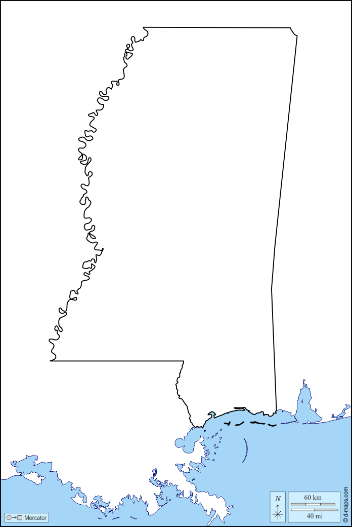 Mississippi : d-maps.com: mappa gratuita, mappa muta gratuita, cartina muta gratuita : litorali, limiti